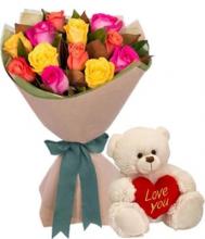 12 Multi-coloured Roses with Teddy 12 Multi-coloured Roses with Teddy