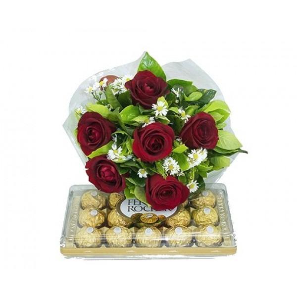 6 red roses bouquet with ferror choclates product894