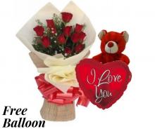 Red Roses Bouquet and Teddy with Free Balloon Red Roses Bouquet and Teddy with Free Balloon
